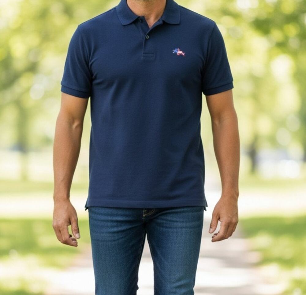 Cutter & Buck Mens XL Blue Short Sleeve Polo Shirt Patriotic Horse Logo